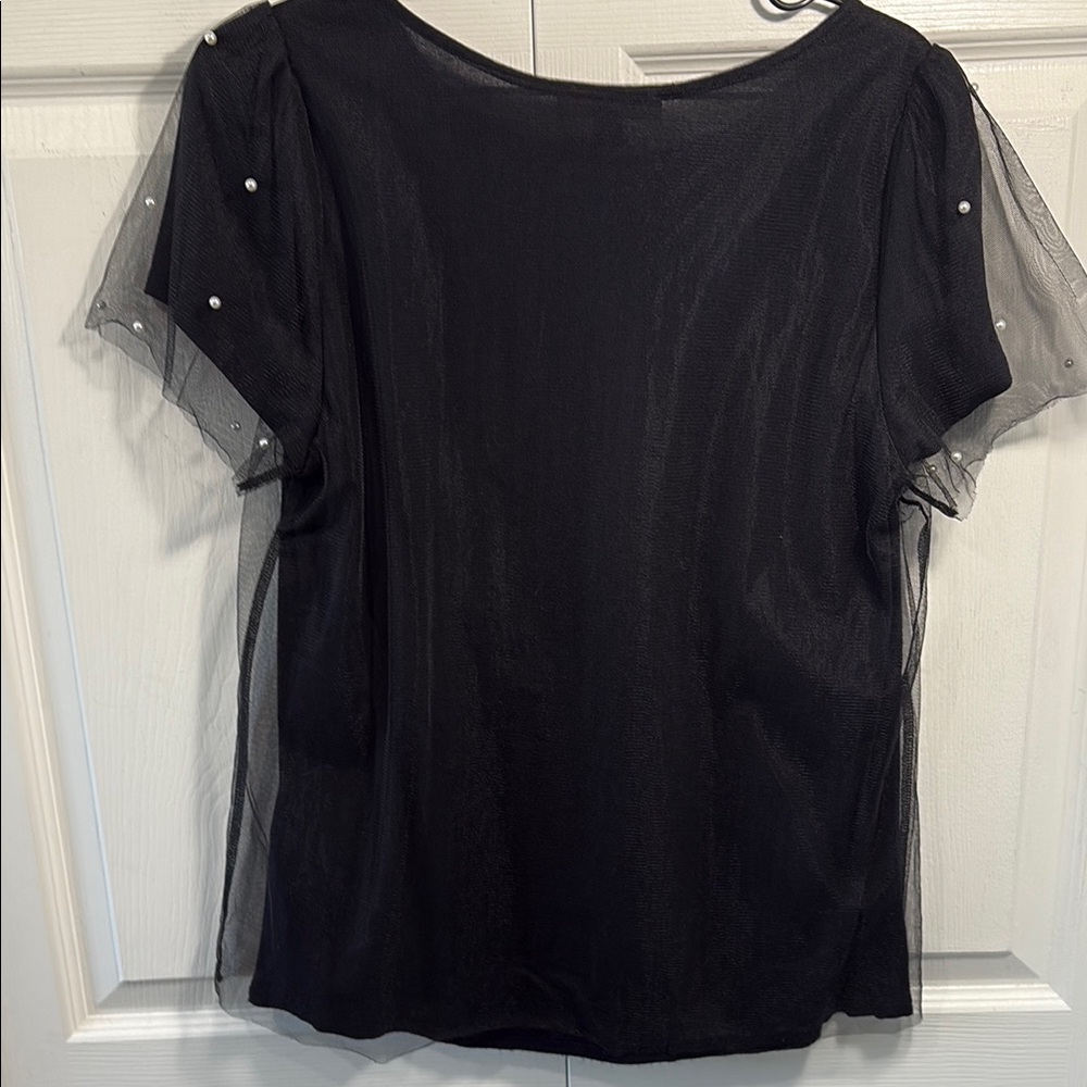 INC International Concepts Black Pearl Embellished Blouse Sheer Sleeve Dressy - Picture 5 of 11
